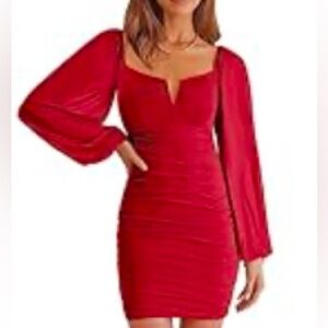 Ruched Bodycon Mini Dress with Sheer Long Sleeves